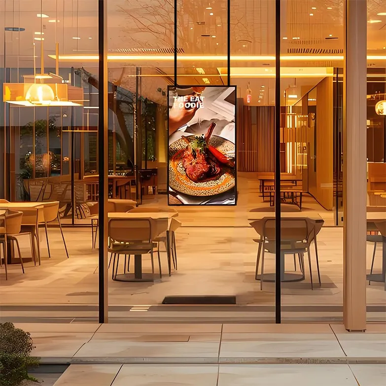 LCD window display is used at the entrance of a coffee shop LCD window display is used at the entrance of a coffee shop